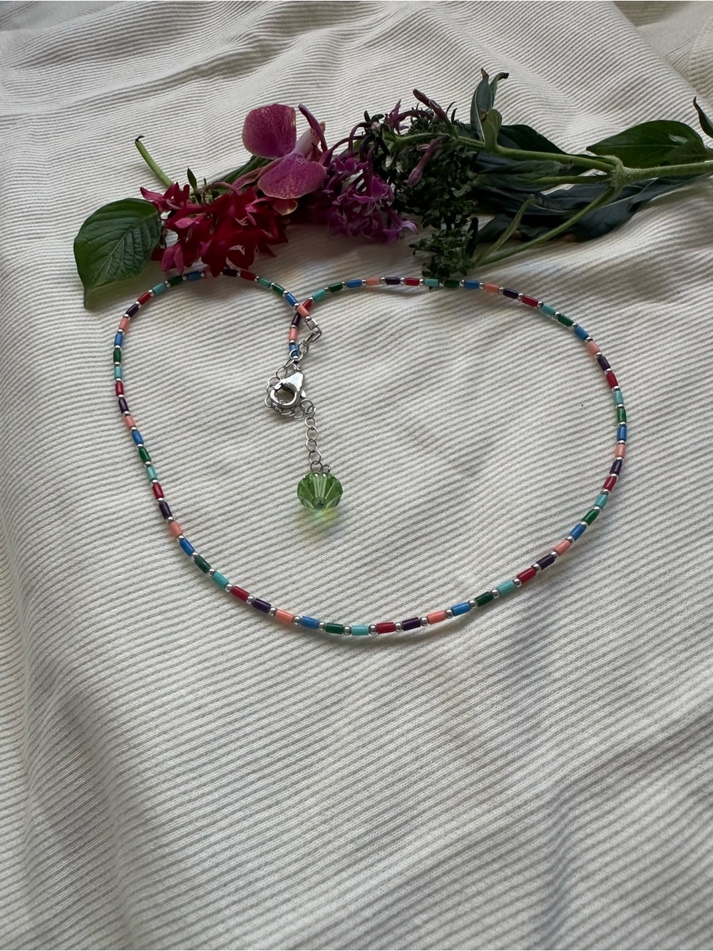 Silpada sterling with Multicolor Beaded Necklace with Green Crystal Charm